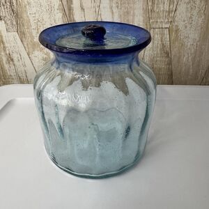 Hand Blown Glass Canister Mexico with lid Blue Rim Biscuit Cookie Jar 6”x4” Farm